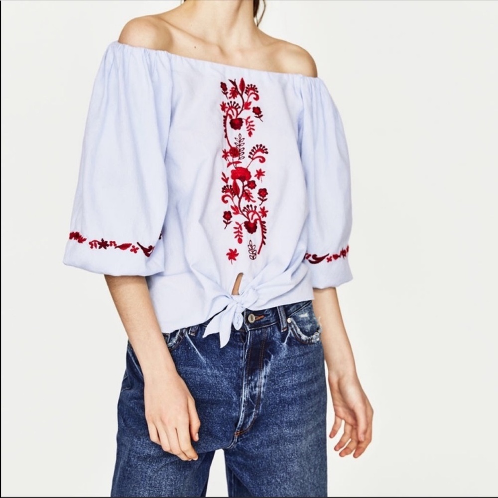 Zara embroidered off shoulder top XS